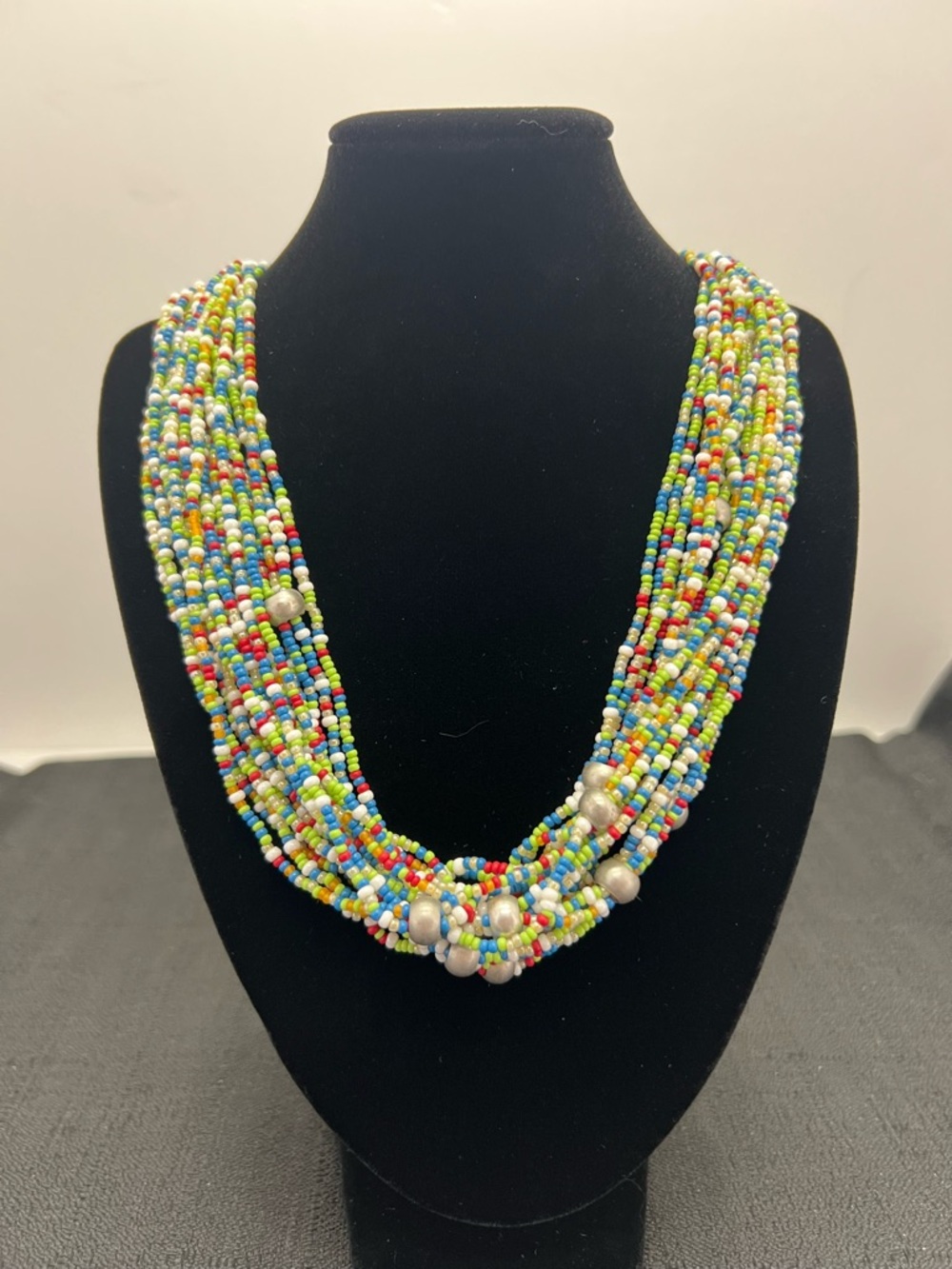 Multicolored Multistrand Glass Seed Bead Necklace Silver Tone 20.5 Inch
